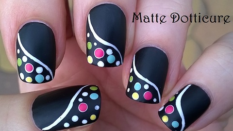Black Matte Nail Art With Colorful Dot Design