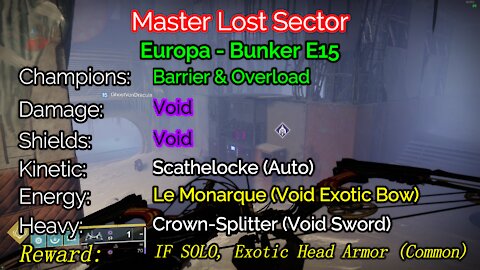 Destiny 2 Master Lost Sector: Bunker E15 11-30-21