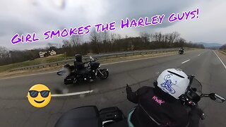 Girl on FJR1300 leaves Harley guys in the dust