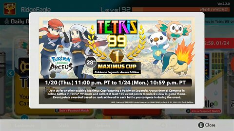 Tetris 99 28th Maximus Cup Pokémon Legends: Arceus Edition