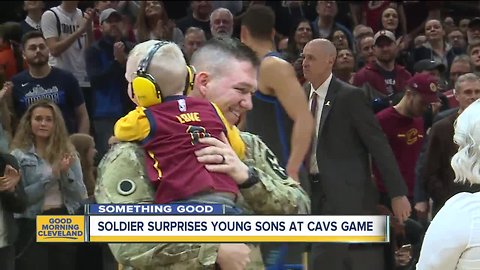 Soldier surprises young sons at Cavs game