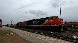 CN 3024 & CN 2805 Engines Manifest Train In Ontario