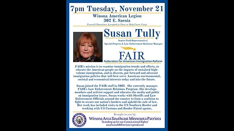 Susan Tully - FAIR Federation for American Immigration Reform - Winona, MN - November 21, 2023