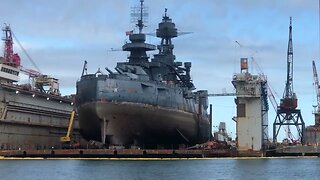 The U.S.S Texas in dry dock , a drive by view.