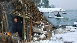 Out to the Frozen Sea! 3 Day WINTER ISLAND Camping Alone - Bushcraft Shelter