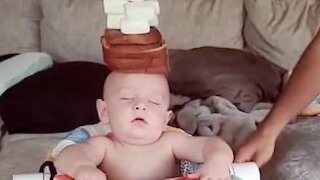 Pai equilibra comida na cabeça do seu bebê