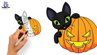 How to Draw Black cat and Pumpkin Halloween - Art Tutorial