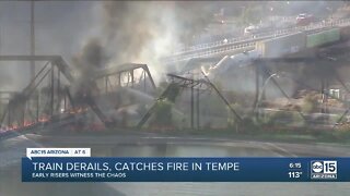 Train derails, catches fire in Tempe