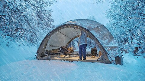 Solo Camping in Heavy Snow with My Dog. Relaxing in the Hot Tent. Winter ASMR