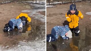 Kids Think It's Swimming Season, Stick Winter Hats In Ice