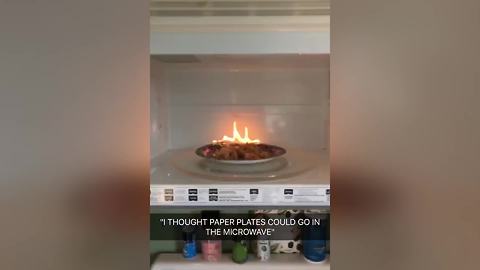 Girl Accidentally Catches Paper Plate on Fire in The Microwave