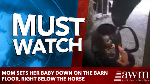 Mom sets her baby down on the barn floor, right below the horse. Horse knows just what to do