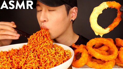 ASMR NUCLEAR FIRE NOODLES & CHEESY ONION RINGS MUKBANG (No Talking) EATING SOUNDS Zach Choi ASM