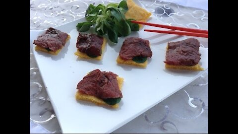 QUICK AND EASY BEEF SASHIMI ON POLENTA RECIPE