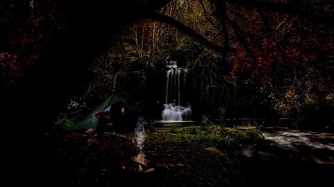 Calming Camp Night With Fire & Night Sounds And A Waterfall.