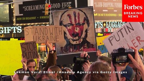 Anti-War Protesters Gather In Times Square To Protest The Russian Invasion Of Ukraine