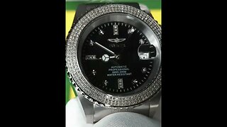 black dial automatic diamond watch with exhibition case & adjustable bracelet