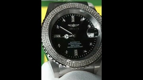 black dial automatic diamond watch with exhibition case & adjustable bracelet