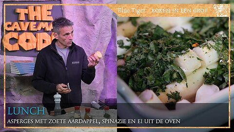 Lunch: Asperges met zoete aardappel, ei en spinazie.