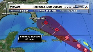 11 a.m. Monday tropical update: Dorian's winds remain at 60 mph