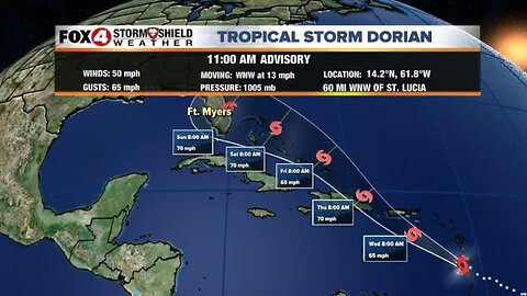 Tropical Storm Dorian expected to strengthen later in the week