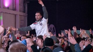 Fans in Manchester celebrate as England beat Wales to qualify for the last 16 in the World Cup