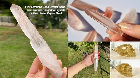 Pink Lemurian Seed Crystal Wand, Pink Lemurian Tangerine Crystals, Golden Healer Crystal Skull