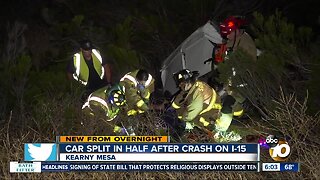 Driver rescued after car hits tree off I-15, splits in half