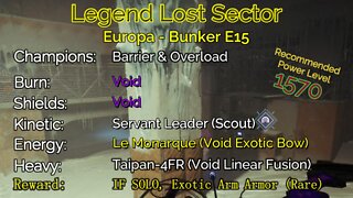 Destiny 2 Legend Lost Sector: Europa - Bunker E15 on my Hunter 9-26-22