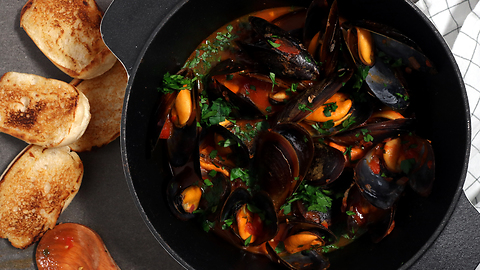 Mussels in tomato sauce with white wine broth
