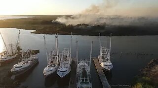 Shrimp Boats Near the Fire's Edge - Large Grass Fire - #drone #fire #bayoulabatre #boat