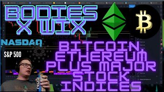 BITCOIN and Ethereum Live Trading. Plus. look at Stock Indices and What that would mean for Crypto