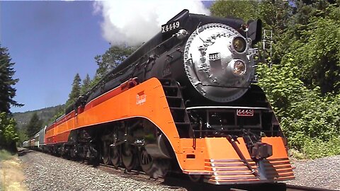 Powerful Steam Train SP4449 Locomotive taking off from a full stop