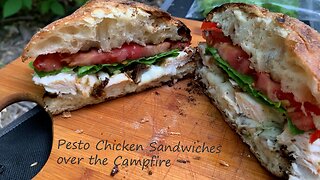 Elevated camp food! Wood fired Pesto Chicken and toasted Ciabatta!