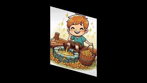 A cartoon drawing of a boy picking gold from a well