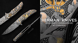 FOLDING KNIFE FOLDER DRAGONFLY 3 "THE HUNTER IS HUNTED" ENGRAVED BY MT. CHIMWAI HERMAN KNIVES