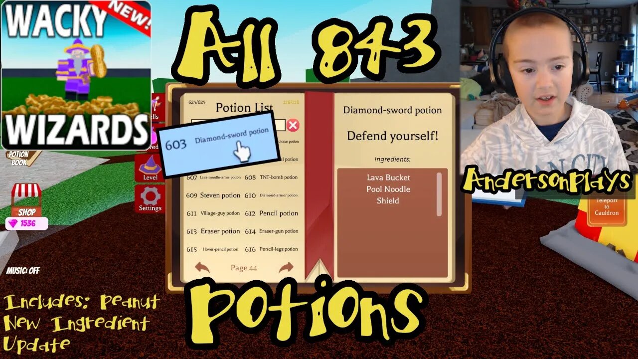 AndersonPlays Roblox Wacky Wizards All Potions - All 843 Potions Book  Recipes - Peanut Update