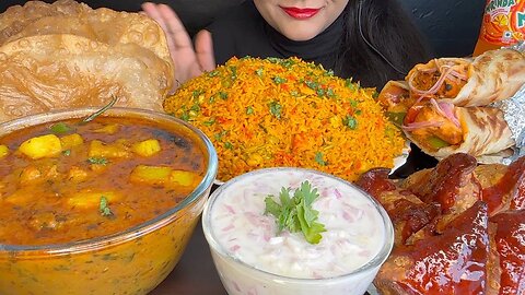 ASMR EATING VEG BIRYANI,POORI ALOO CURRY,PANEER ROLL,SAMOSA,