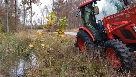 Sickle bar tractor mowing saplings, pond overgrowth & more