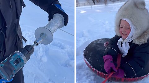 Dad shows awesome winter hack for snow-sliding