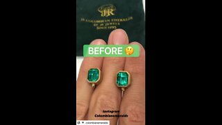 How it’s made classic bezel set emerald cut emerald Colombian emerald stud earrings in 18K gold