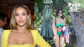 Jessica Alba hits the beach in a green bikini on family vacation
