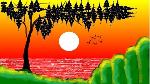 How To Draw Easy Sunset Scenery in MS Paint | Sunset Scenery Drawing On The River With MS Paint
