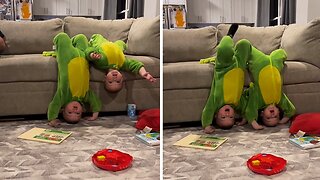 Twins in dinosaur costumes love goofing around