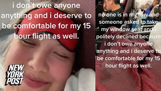 Woman refuses to give up empty window seat to other passenger, lies down across row instead