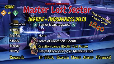 Destiny 2 Master Lost Sector: Neptune - Hydroponics Delta on my Void Hunter 5-6-23
