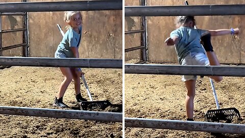 Irritated Girl Tackles Farm Chores With A Fussy Attitude