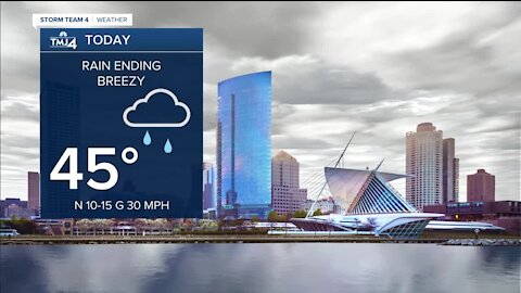 Rain begins to clear, cloudy rest of the day in the low to mid 40s