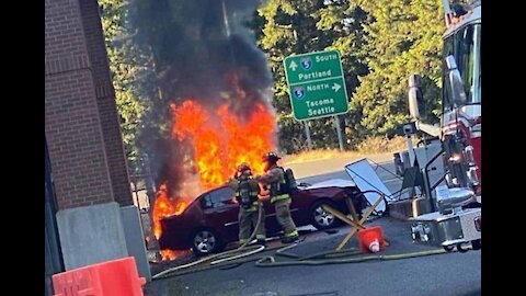 A JBLM gate is closed for repairs after driver ran into it and his car burst into flames