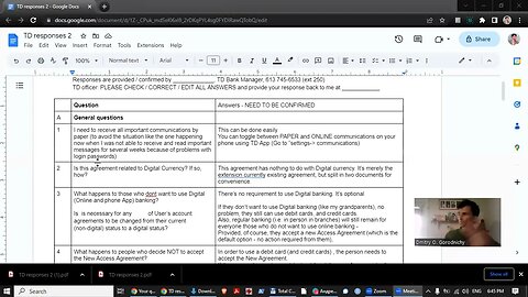 New TD Bank Agreement: Questions sent to my local branch for revision and confirmation - Zoom stream